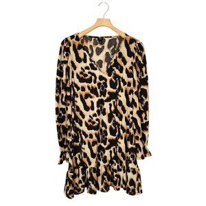 River Island Leopard Print V-Neck Long Sleeve Babydoll Dress Flowy Sexy Size 10